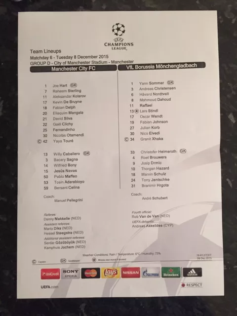 Man City V Borussia Monchengladbach 08.12.2015 Official Teamsheet