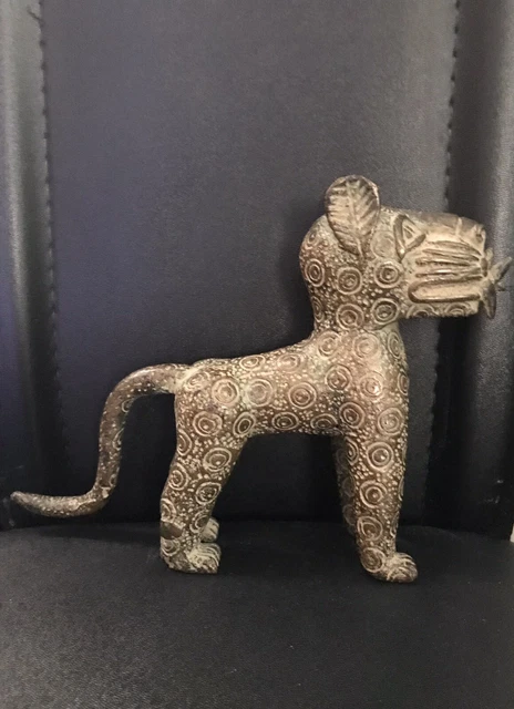 African Antique Old Bronze Benin Leopard Beast Statue Ancient Art Free Shipping