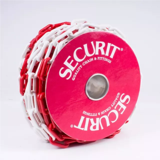 25m RED & WHITE PLASTIC LINK CHAIN Thick 8mm Plastic Safety Barrier On Reel