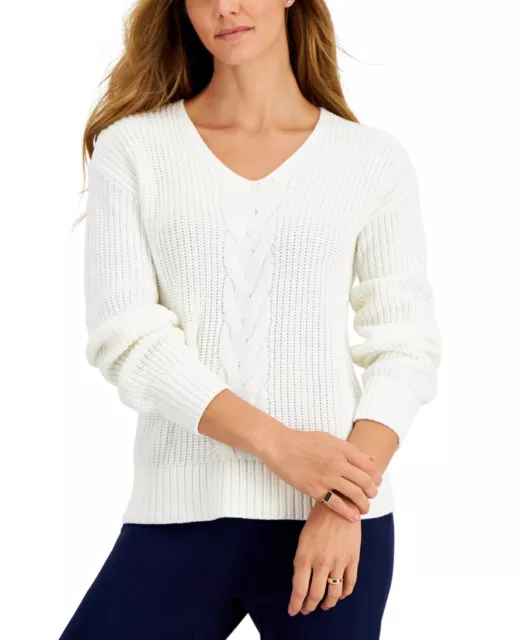 MSRP $38 Style & Co Cable-Front V-Neck Sweater White Size Medium (STAINED)