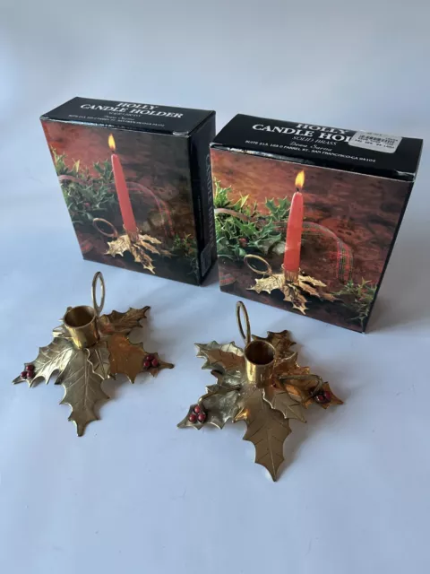 2 VTG Brass Candlesticks Candle Sticks Holders Holly Leaf Taper Christmas Decor