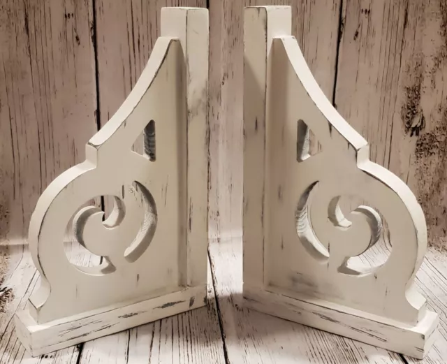 Pair of Distressed White Wood Corbels Shelf Brackets Rustic Farmhouse VSB012-R