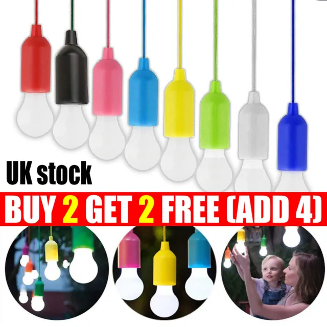 Portable LED Bulb Light On Rope Reading Lamp Battery Operated Pull Cord Hanging