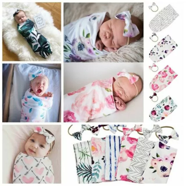 Newborn Baby Infant Floral Swaddle Sleeping Bag Sack Wrap Headband Set Photoprop