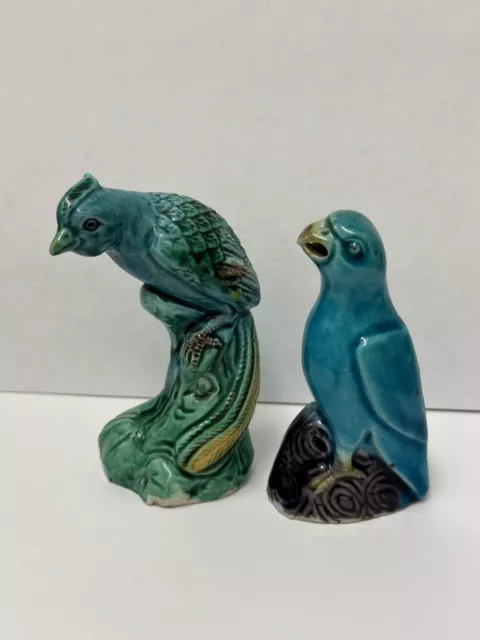 Old Chinese Porcelain Bird Figurines China Mark Mudman Shiwan Glaze Art Pottery