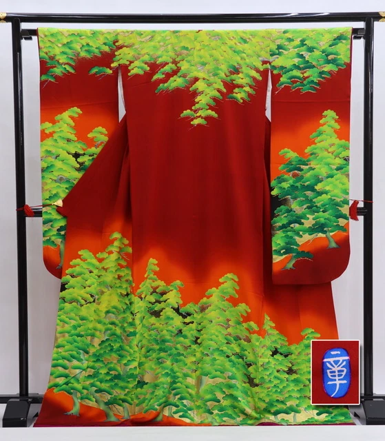 Japanese Silk Kimono Vintage Furisode Gold Red Pine Tree Green Plant Robe 67in.