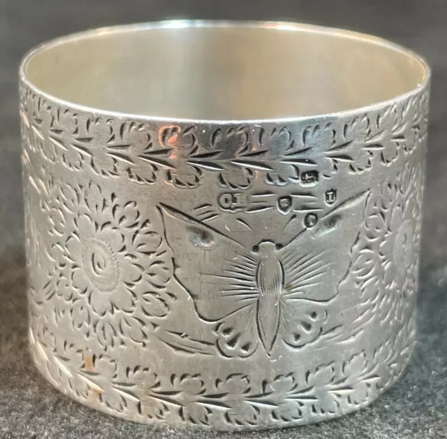 English Sterling Silver Etched Napkin Ring Butterflies