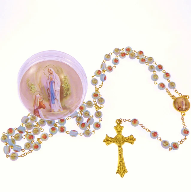 Blu Rosa Fiore Nostra Signora Di Lourdes Rosari IN Rotondo Scatola Catena di Oro