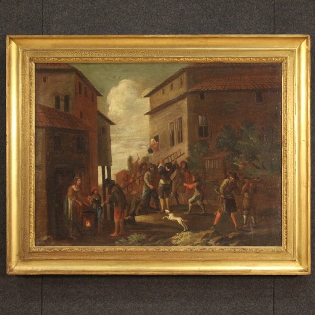 Pintura antigua escena de genero popular cuadro oleo lienzo siglo XVIII 700