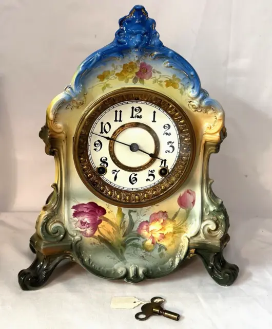 Ansonia "La Rambla" Royal Bonn Victorian Porcelain Mantel Clock (It Works)