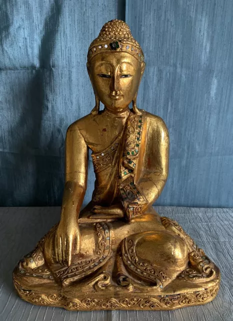 Alte Buddha Figur Holz Gold Blattvergoldung Spiegelplättchen H33 Mandalay Buddha