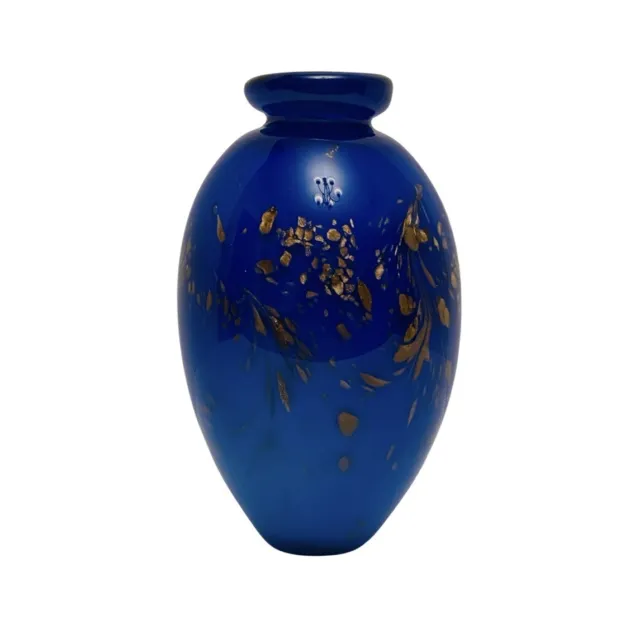 Vintage Murano Cobalt Blue & Gold Spun 8.5” Art Glass Vase Beautiful Hand Blown