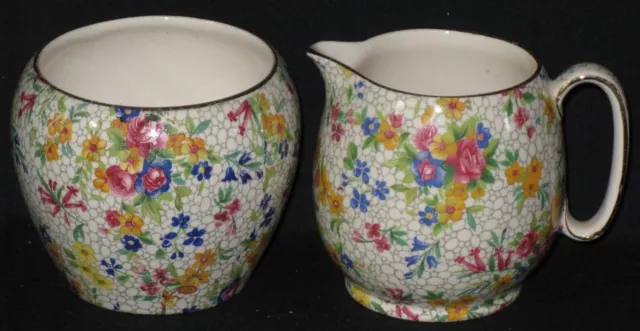 Royal Winton Grimwades China Chintz FIREGLOW Countess Creamer & Sugar Bowl 1930s