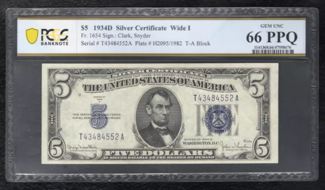 Fr. 1654 1934-D $5 Wide I Silver Certificate Pcgs Banknote Gem Unc-66Ppq (E)