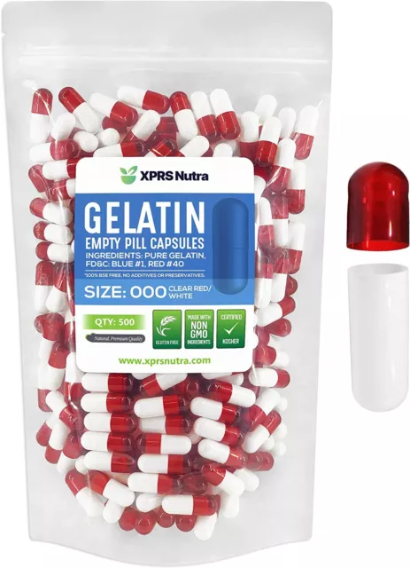 Size 000 Clear Red & White Empty Gelatin Pill Capsules Kosher Gel Gluten-Free