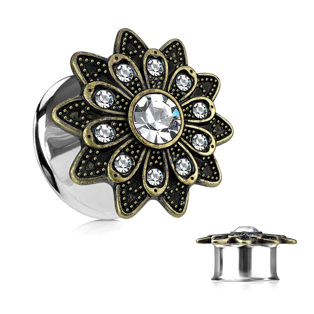 Plug - Vintage Flesh Tunnel Fiore Boho Piercing Zirconia Cristallo #458