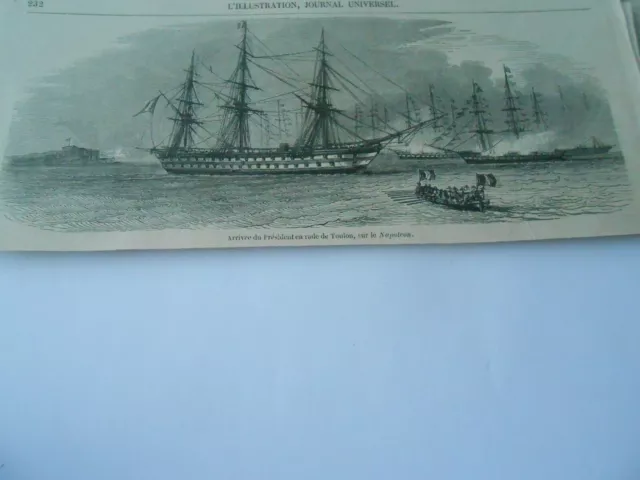 Gravure 1852 - Arrivée du Président en rade de Toulon sur le Napoléon Navire