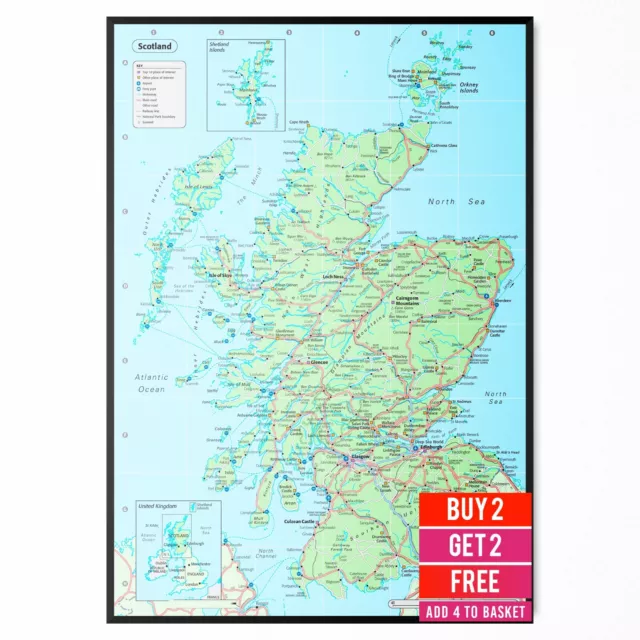 Scotland Map Poster Wall Art Print Educational Map Of England Upto A3 Laminated