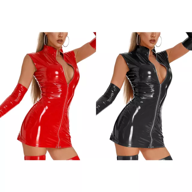 Women Wet Look PVC Leather Mini Dress Stand Collar Zipper Bodycon Dress Clubwear