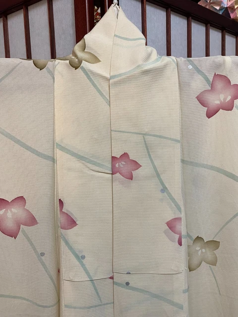 Cool Cream Silk Gauze Summer Kimono with Flowers and Grass