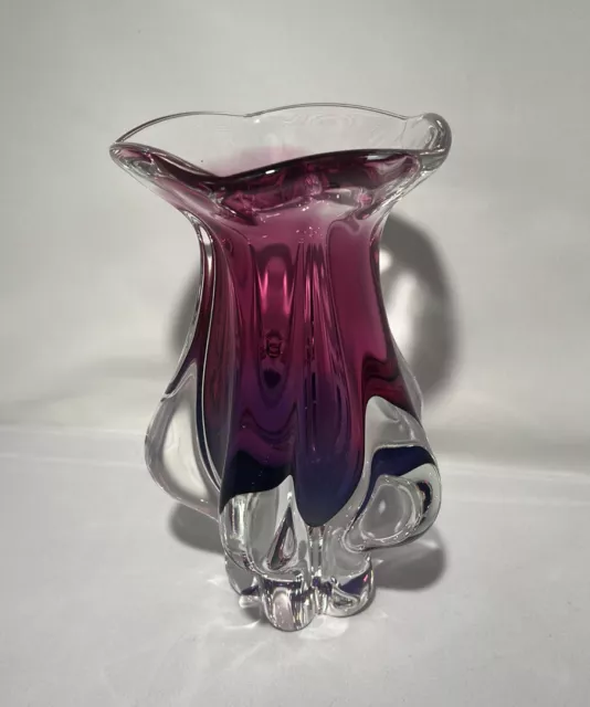Vintage Chech Chribska Glassworks Josef Hospodka Ruffled 8.75" Vase Pink Purple