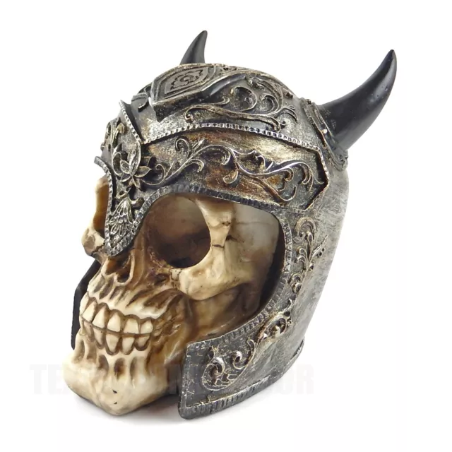 Viking Warrior Helmet With Horns Human Skull Figurine Statue Skeleton Medieval