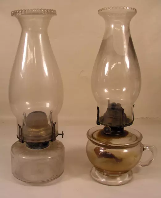 2 Antique Glass Oil Lamps With Chimneys 1 Burner Marked Queen Anne