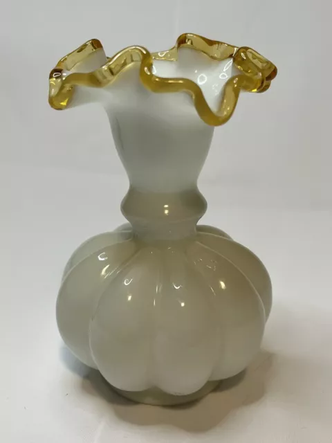 Fenton Milk Glass Melon Vase Gold Crest & Ruffled Rim 5” Inches