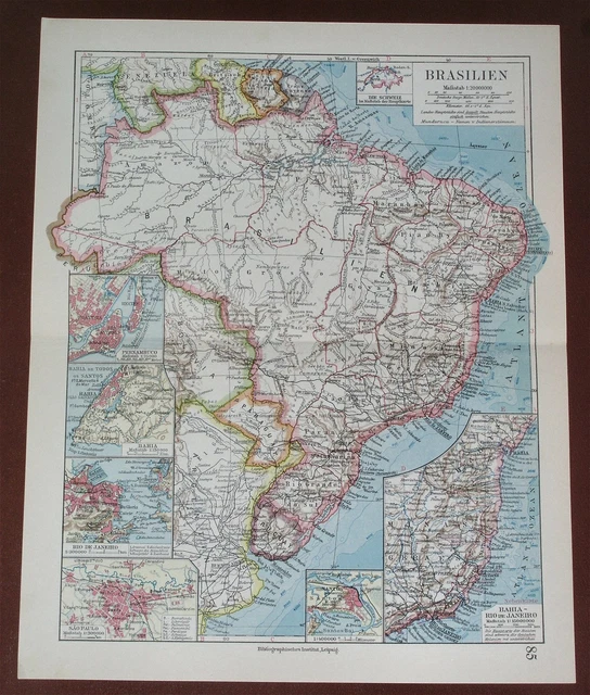 1924 Vintage Map Of Brazil / City Plan Rio De Janeiro Sao Paulo Bahia Pernambuco