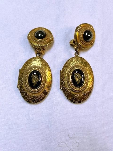 Ben Amun Vintage Locket Earrings With Cameo Design 2.5" Excellent Cond Clip On Ben Amun Vintage Locket Earrings With Cameo Design 2.5" Excellent Cond Clip On