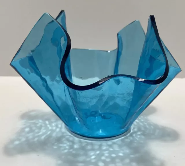 Vintage  1950s Handkerchief Vase Blue Texture Chance Style Glass Bowl Kitsch