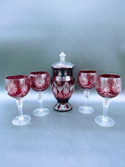 Nachtmann Cranberry Crystal Decanter and Wine Glasses Bohemian Cut to Clear Set