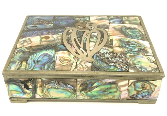 Vintage Carved Abalone Shell  Inlayed Trinket Box Beautiful Hand Crafted