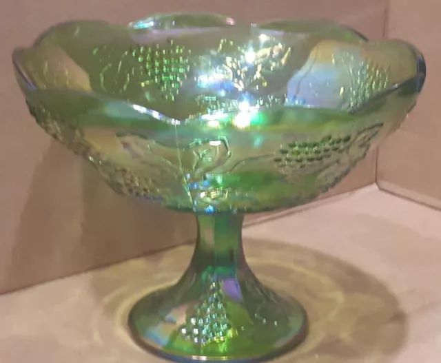 Magnificent Indiana Glass green iridescent Carnival comport pedestal fruit bowl