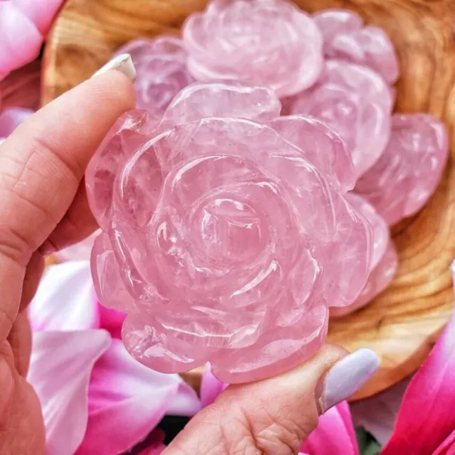 2" Natural Rose Quartz Crystal Skull Carved Rose Decoration Flower Rock