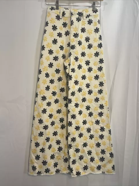 Zara Blk/Yellow Daisy Print High Rise Wide Leg Jeans The Marine Straight Sz 2