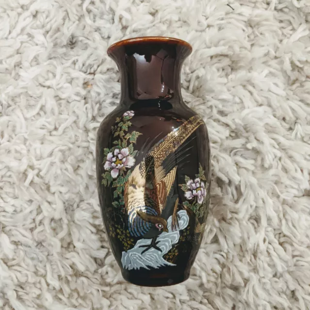 Japanese hand-painted signed brown bird ceramic vase