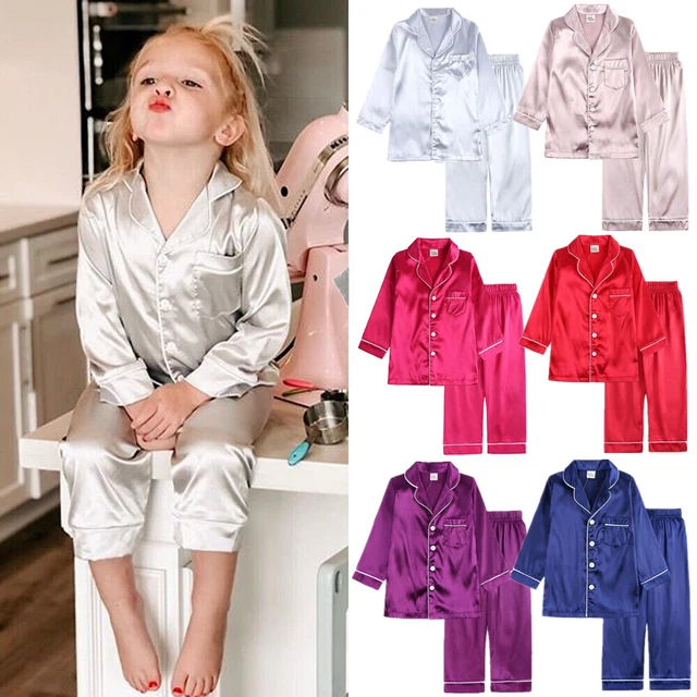 Kids Girls Boys Silk Pajamas Top Pants Pjs Satin Sleepwear Nightwear Outfits Set
