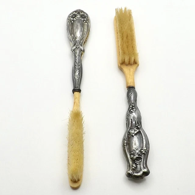 Victorian Sterling Silver Handle Bone Horse Hair Toothbrush Set of 2 in Box