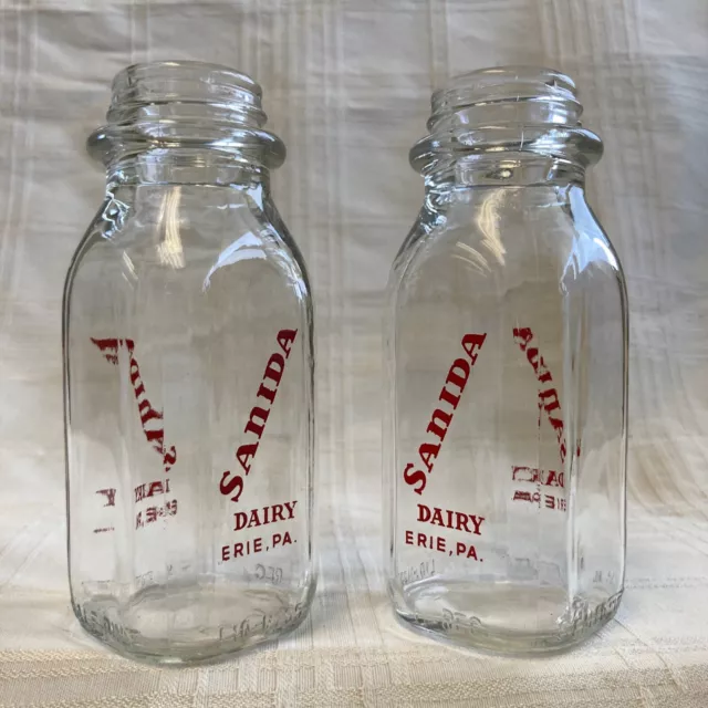 Lot Of 2 Vintage Half Pint Milk Bottles Sanida Dairy Erie Pennsylvania Bottle