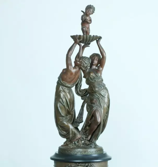 Ancienne Grande Pendule Allégorie de l'Amour Ange Nymphe Pat. Bronze  Marbre 19e