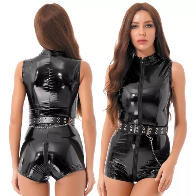 Combinaison Court Femme Body Sexy Boxer Catsuit Clubwear avec Ceinture et Chaîne