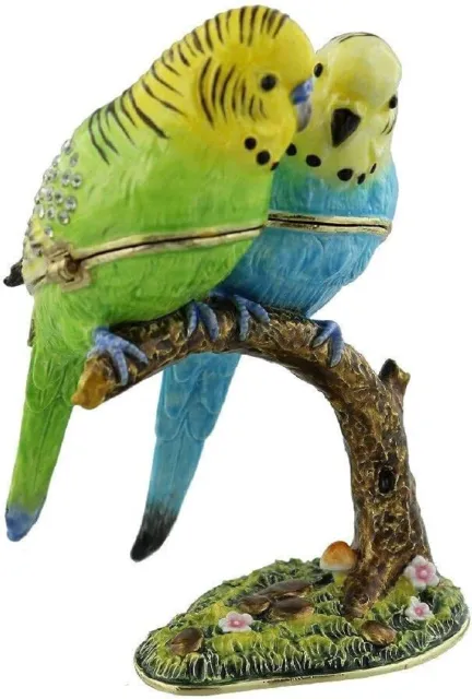 2 BUDGERIGAR Birds On Branch Budgies Trinket Box / Ornament - New Gift