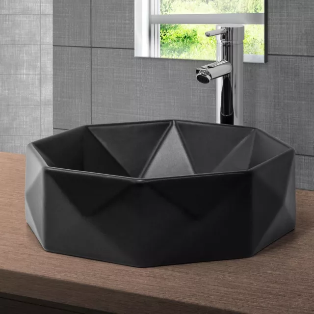 Lavabo en céramique noir mat vasque à poser ronde pour salle de bain Ø420x135 mm