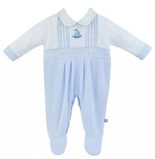 Baby Boys Smocked Rompers Spanish Blue Cotton Sleepsuit Boat Design Newborn Boy
