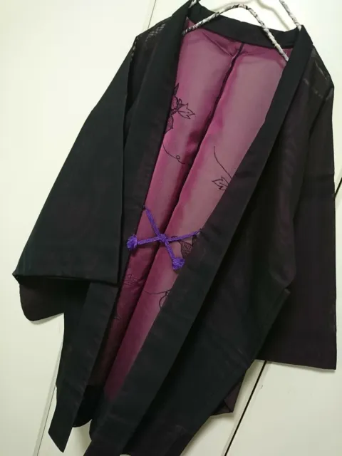 Woman Japanese Kimono SUMMER HAORI Jacket Silk Sheer Black Purple Flower