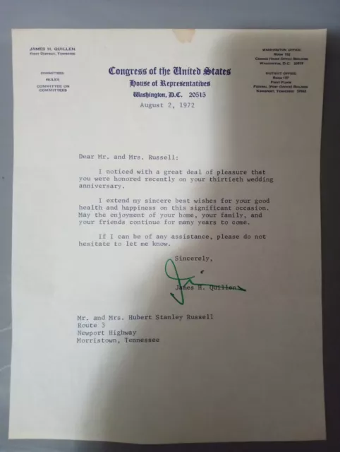 Letter signed by James H. Quillen Congress of the United States