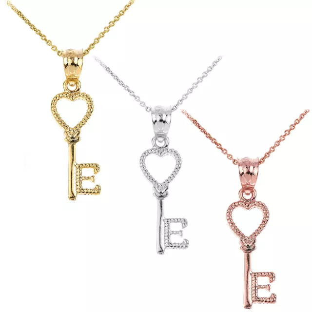 Solid Yellow White Rose Gold Open Love Heart Key Letter E Pendant Necklace