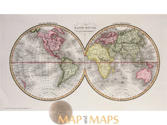 Double-Hemisphere antique World map by Lapie 1820.