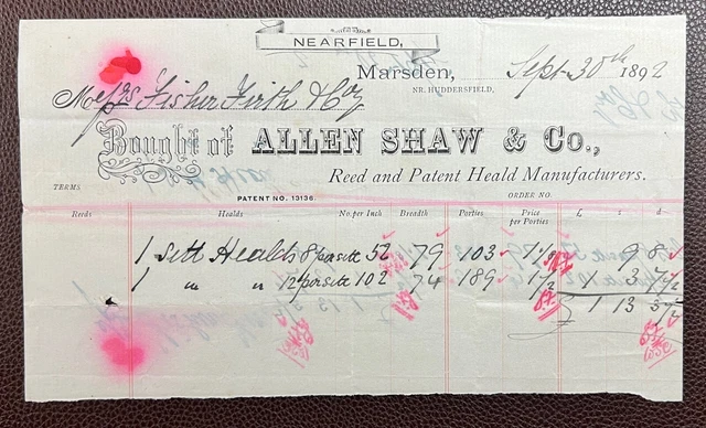 1892 Allen Shaw & Co., Reed & Patent Heald Makers, Nearfield, Marsden Invoice